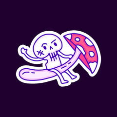 Skull character riding mushroom cartoon, illustration for t-shirt, sticker, or apparel merchandise. With modern pop and retro style.