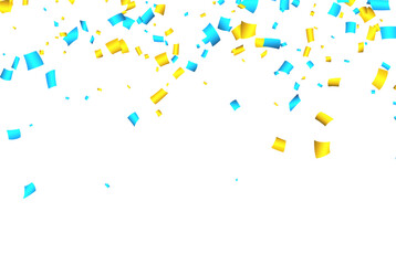 Falling blue and yellow cut out ribbon confetti background with space for text.