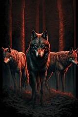 scene of pack of wolves in a forest at night, 3d illustration