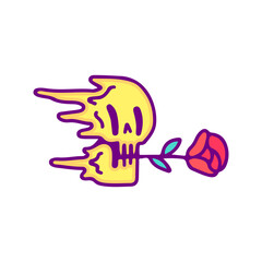 Trippy skull biting rose flower cartoon, illustration for t-shirt, sticker, or apparel merchandise. With modern pop style.