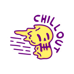 Trippy skull head with chill out typography cartoon, illustration for t-shirt, sticker, or apparel merchandise. With modern pop style.
