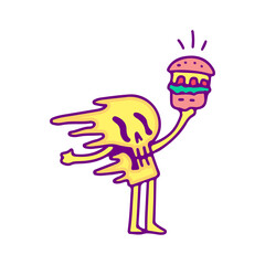 Trippy skull character holding cheeseburger cartoon, illustration for t-shirt, sticker, or apparel merchandise. With modern pop and retro style.