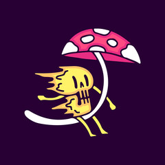 Trippy skull character riding magic mushroom cartoon, illustration for t-shirt, sticker, or apparel merchandise. With modern pop and urban style.