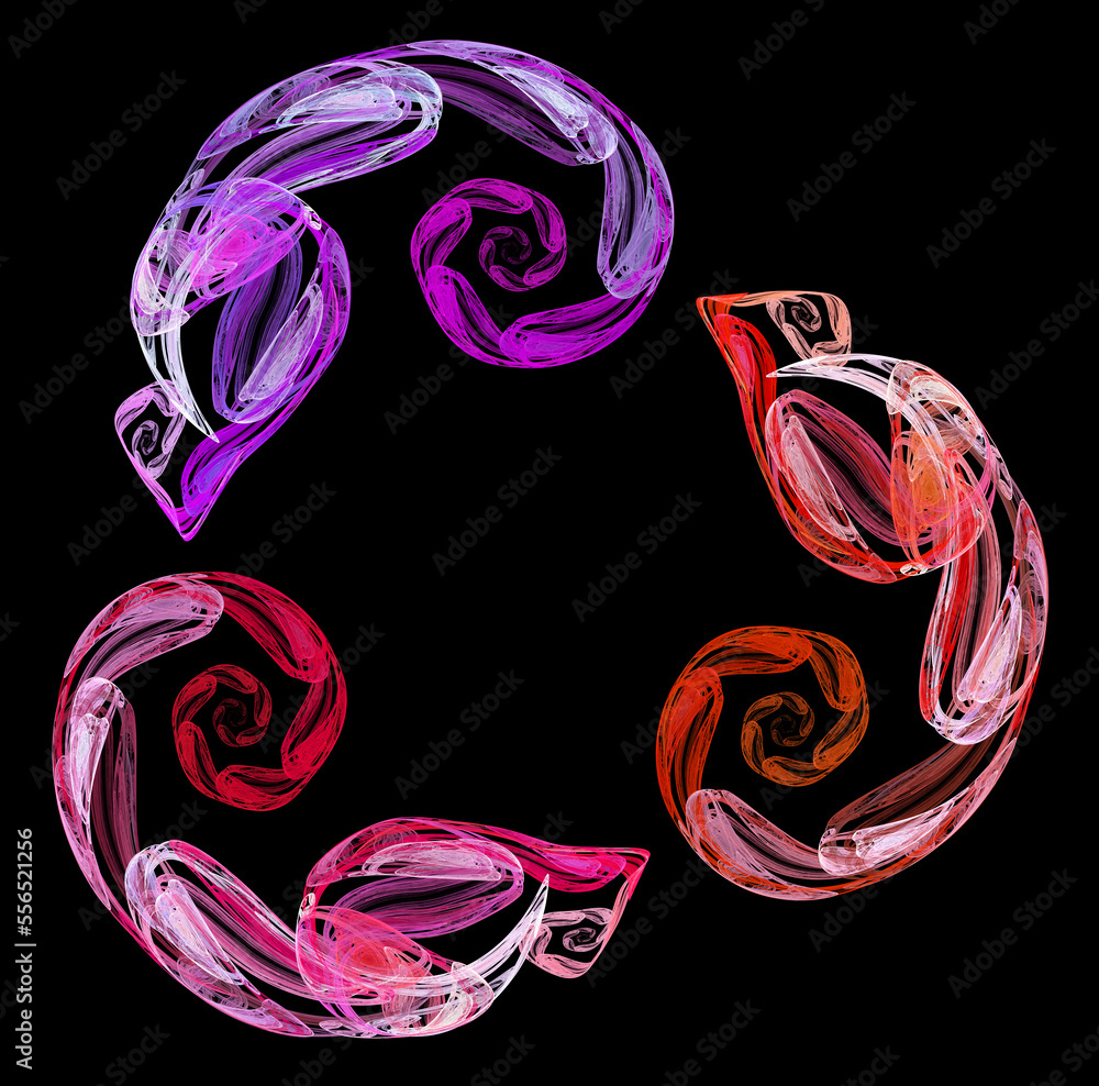 Poster red, purple, orange spirals follow each other in a circle and create a round frame on a black backgr