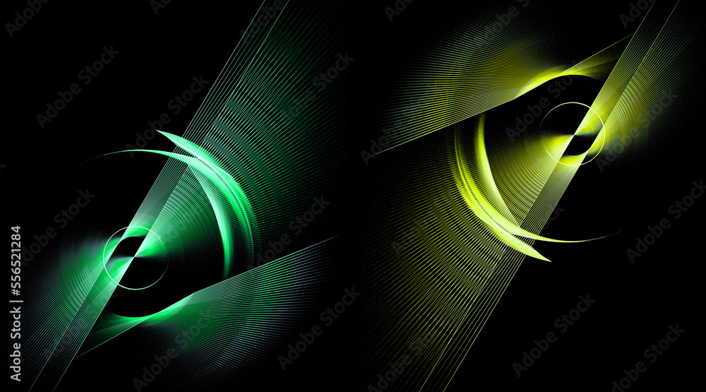 Aufkleber yellow and green striped planes are angled on a black background and rotate. set of abstract fractal
