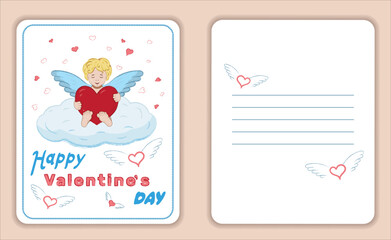 Card with angel, cupid for valentine's day, date, love. Vector illustration.