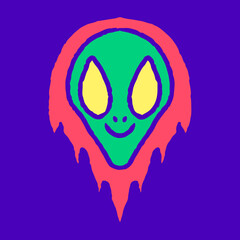 Flaming alien head doodle cartoon, illustration for t-shirt, sticker, or apparel merchandise. With modern pop and retro style.
