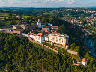 Aerial view of Fortress Veste Oberhaus on a hilltop  on the Donau river in Passau in summer, Passau Germany