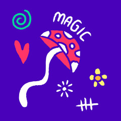 Abstract magic mushroom cartoon, illustration for t-shirt, sticker, or apparel merchandise. With modern pop and retro style.