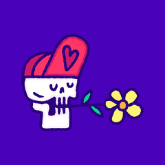 Romantic skull wearing snap back hat and biting sunflower cartoon, illustration for t-shirt, sticker, or apparel merchandise. With modern pop and retro style.