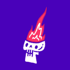 Fire inside skull head doodle cartoon, illustration for t-shirt, sticker, or apparel merchandise. With modern pop and retro style.