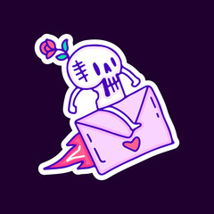Skull with flower riding love letter cartoon, illustration for t-shirt, sticker, or apparel merchandise. With modern pop and retro style.