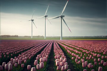 a field of tulips with wind turbines in the background and a sky filled with clouds above them.