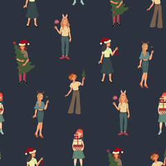 Traditional winter holiday celebration. Hand drawn Vector illustration