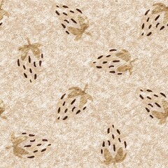 Brown linen strawberry vintage seamless pattern. Cottagecore marl retro summer fruit wallpaper. Whimsical sweet healthy berry background. 