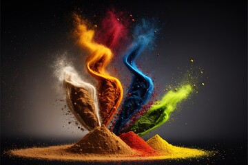 a pile of colorful powder and a pile of powder with a spoon in it on a black background with a black background.