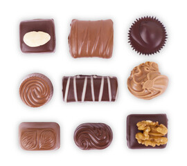 Assorted chocolate candies isolated on white background