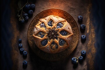 Obraz na płótnie Canvas a pie with blueberries on a plate with blueberries around it and a few blueberries around it.