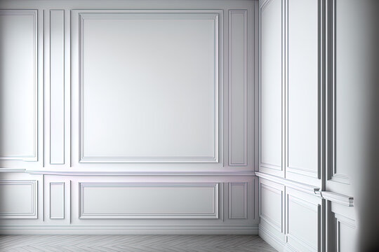 Classic white interior with wooden flooring, moldings, and wall panels. mock up for an illustration. Generative AI
