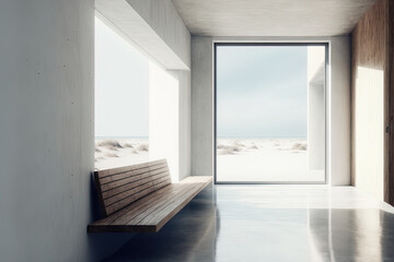 vacant room with minimal contemporary design, White walls, a concrete floor, a wooden ceiling, and a huge window with a wooden bench that faces the outside are all present. Generative AI