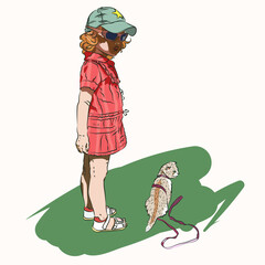 A girl walks a kitten on a harness. Illustration with a child. - 556524090
