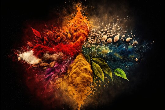 a colorful explosion of powder and spices on a black background with a black background and a white background with a black border. generative ai