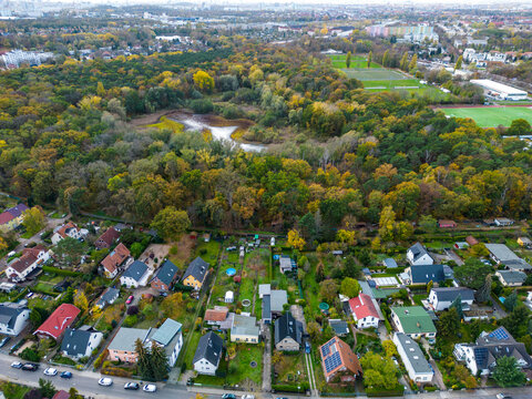 Aerial view of neighborhood weissensee in berlin with houses near Fauler See, Berlin, Germany