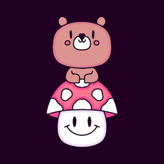 Kawaii bear with mushroom cartoon, illustration for t-shirt, sticker, or apparel merchandise. With modern pop style.