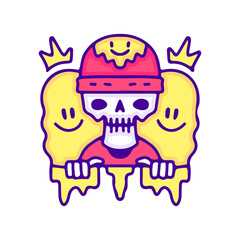Hype skull in beanie hat with melted smile emoji face doodle art, illustration for t-shirt, sticker, or apparel merchandise. With modern pop style.