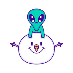 Cute baby alien with snowman doodle art, illustration for t-shirt, sticker, or apparel merchandise. With modern pop and kawaii style.