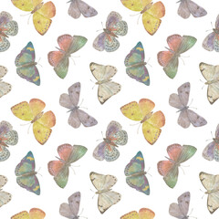 Seamless background of watercolor butterflies, colorful butterflies for wallpapers, textiles, wrapping paper, postcards.