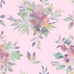 Seamless floral pattern with flowers and leaves, watercolor illustration. Template design for wrapping paper, textiles, wallpaper, interior, clothes, postcards.