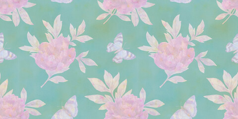 Seamless delicate pattern with flying butterflies, leaves and flowers, abstract floral watercolor background