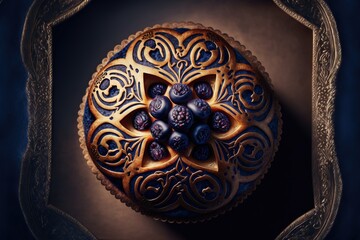 a blue and gold decorated pastry in a gold frame on a table top with a blue background and a blue background.