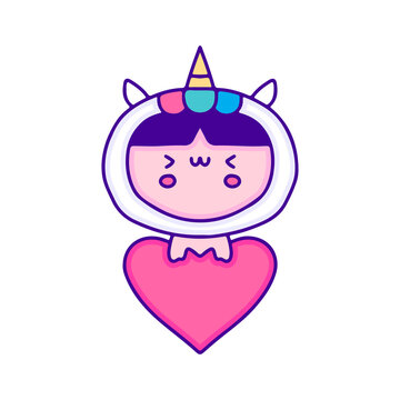 Sweet baby in unicorn costume with love symbol doodle art, illustration for t-shirt, sticker, or apparel merchandise. With modern pop and kawaii style.