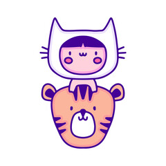 Cute baby in cat costume with tiger doodle art, illustration for t-shirt, sticker, or apparel merchandise. With modern pop and kawaii style.