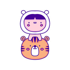 Obraz na płótnie Canvas Lovely baby in animal costume with tiger doodle art, illustration for t-shirt, sticker, or apparel merchandise. With modern pop and kawaii style.