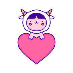 Cute baby in sheep costume with love symbol doodle art, illustration for t-shirt, sticker, or apparel merchandise. With modern pop and kawaii style.