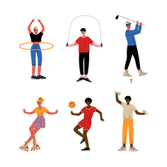 Young Man and Woman Athlete Doing Sport Vector Set