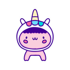 Cute baby in unicorn costume doodle art, illustration for t-shirt, sticker, or apparel merchandise. With modern pop and kawaii style.
