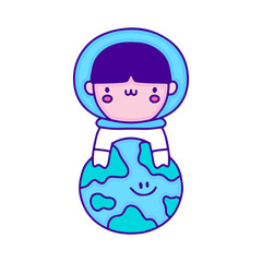 Sweet baby astronaut with earth planet doodle art, illustration for t-shirt, sticker, or apparel merchandise. With modern pop and kawaii style.