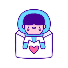 Sweet baby astronaut inside love letter doodle art, illustration for t-shirt, sticker, or apparel merchandise. With modern pop and kawaii style.