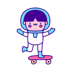 Cute baby astronaut riding skateboard doodle art, illustration for t-shirt, sticker, or apparel merchandise. With modern pop and kawaii style.