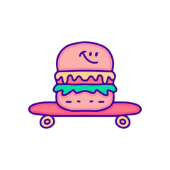 Burger and skateboard doodle art, illustration for t-shirt, sticker, or apparel merchandise. With modern pop style.