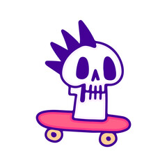 Cool punk skull head and skateboard doodle art, illustration for t-shirt, sticker, or apparel merchandise. With modern pop style.