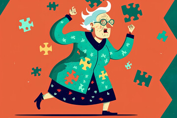 Patients with the disease Alzheimer's concept. Cartoon drawing of an elderly, mature lady with memory loss and brain sickness standing and holding jigsaw pieces in the air. Generative AI