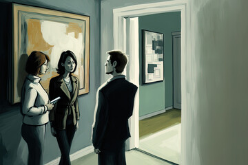 Fototapeta premium Inside, a female real estate agent introduces a couple to a new home. Generative AI