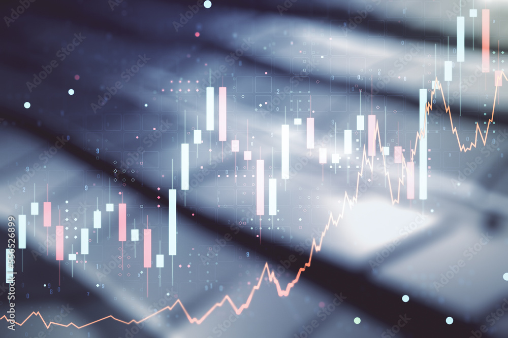 Poster multi exposure of virtual abstract financial graph interface on abstract metal background, financial
