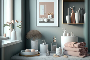 Fototapeta na wymiar A Scandinavian minimalist bathroom decor can be seen in the backdrop of this montage area, along with toiletries, bath accessories, and towels on a tabletop. Generative AI