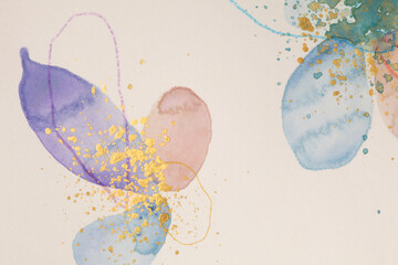 Watercolor blot with drops and doodle gold line elements. Abstract texture art painting background.